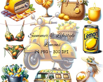 Summer Lifestyle Lemon Clipart, Watercolor Beach Vibes (Digital Download)