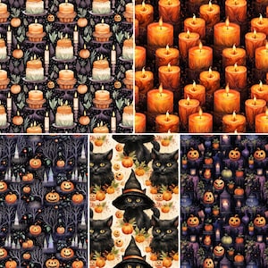 May include: A digital collage of four different patterns. The top left pattern features a repeating design of orange and brown pumpkins, candles, and other Halloween-themed imagery. The top right pattern features a repeating design of orange and brown candles. The bottom left pattern features a repeating design of black cats, pumpkins, and other Halloween-themed imagery. The bottom right pattern features a repeating design of black cats, pumpkins, and other Halloween-themed imagery.