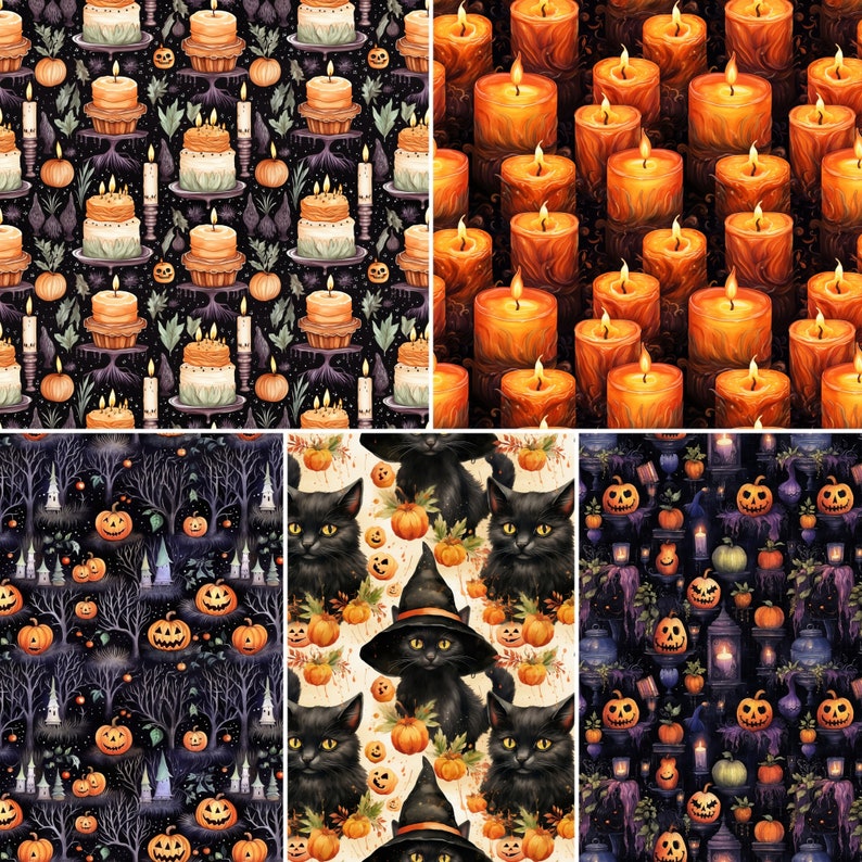 May include: A digital collage of four different patterns. The top left pattern features a repeating design of orange and brown pumpkins, candles, and other Halloween-themed imagery. The top right pattern features a repeating design of orange and brown candles. The bottom left pattern features a repeating design of black cats, pumpkins, and other Halloween-themed imagery. The bottom right pattern features a repeating design of black cats, pumpkins, and other Halloween-themed imagery.