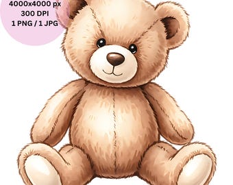 Watercolor Nursery Teddy Bear Clipart: Printable Kids Room Baby Shower Decor