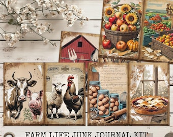 Farm Life Junk Journal Kit – Vintage afdrukbare papieren, tags, ephemera en ansichtkaarten