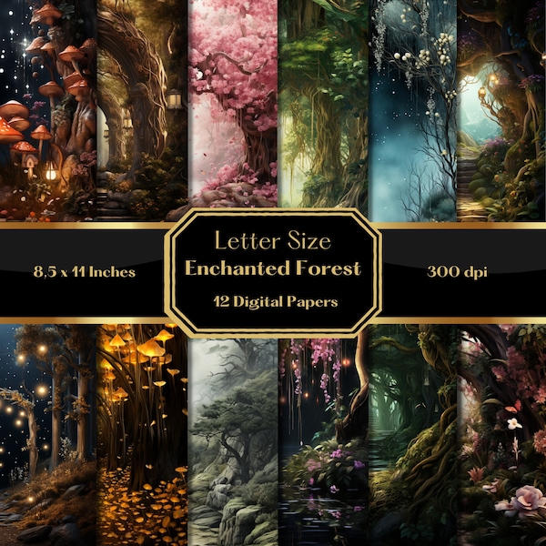 Enchanted Forest Digital Paper, Mystical Trees Digital Paper, Junk Journal, Fairytale Background, Scrapbooking