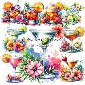 Watercolor Cocktail Clipart: Classic Drinks PNG (300 DPI)