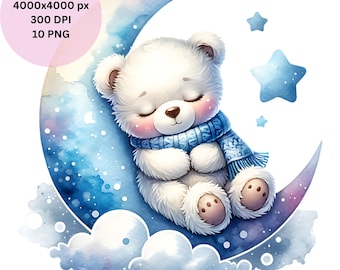 10 Watercolor Winter Teddy Bear Clipart: Nursery Background, Digital Download