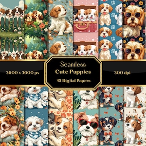 Puppy Digital Paper, Cute Dogs Seamless Pattern, Puppy Background, Printable Paper, Puppy Pattern, Commercial Use