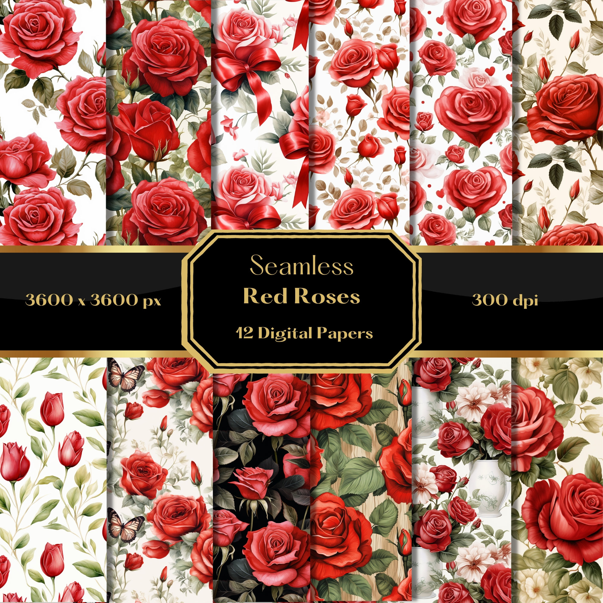 Red Rose Digital Paper, Watercolor Seamless Floral Pattern, Printable Scrapbook Paper, Instant Download, Commercial Use