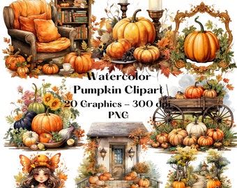 Watercolor Pumpkin Clipart, Halloween Clipart, Autumn Pumpkins, PNG, Commercial Use