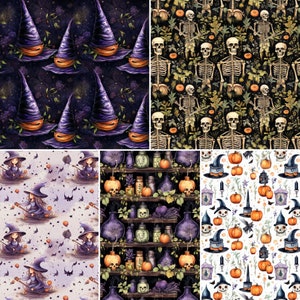 May include: A digital collage featuring four different patterns. The top left pattern is a dark purple and black witch hat pattern. The top right pattern is a brown, green, and orange pattern with skeletons and pumpkins. The bottom left pattern is a purple and white pattern with witches and pumpkins. The bottom right pattern is a white pattern with pumpkins, witches, and potion bottles.