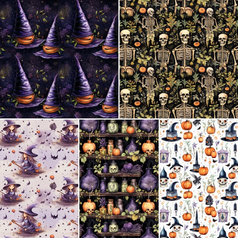May include: A digital collage featuring four different patterns. The top left pattern is a dark purple and black witch hat pattern. The top right pattern is a brown, green, and orange pattern with skeletons and pumpkins. The bottom left pattern is a purple and white pattern with witches and pumpkins. The bottom right pattern is a white pattern with pumpkins, witches, and potion bottles.