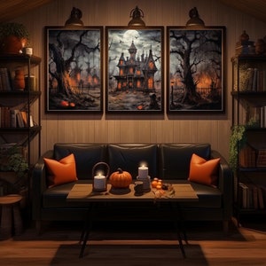 Haunted Mansion 3 Piece Vintage Wall Art, Halloween Set of 3 Prints, Halloween Painting, Split Print - PRINTABLE #626