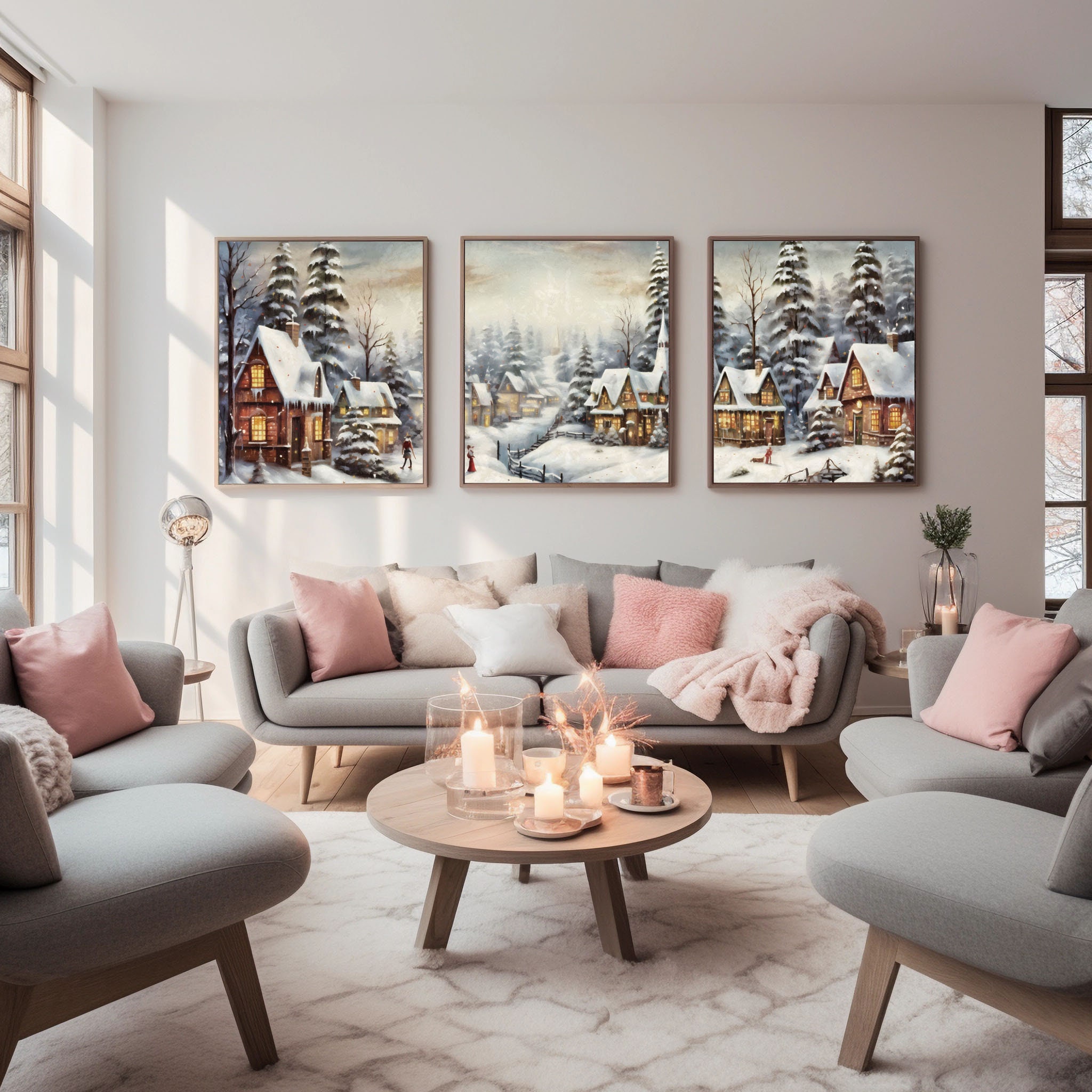 Snow Town Art 3 Piece Vintage Wall Art, Christmas Set of 3 Prints ...