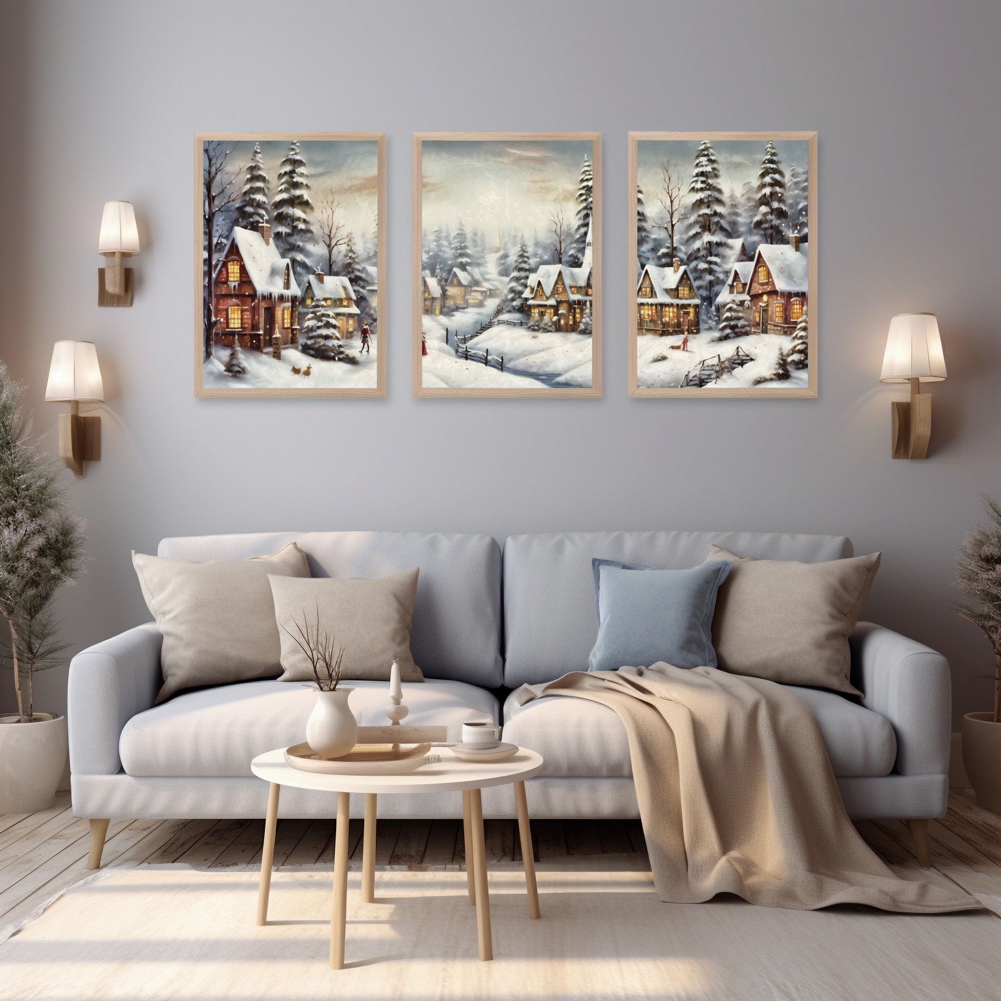 Snow Town Art 3 Piece Vintage Wall Art, Christmas Set of 3 Prints ...