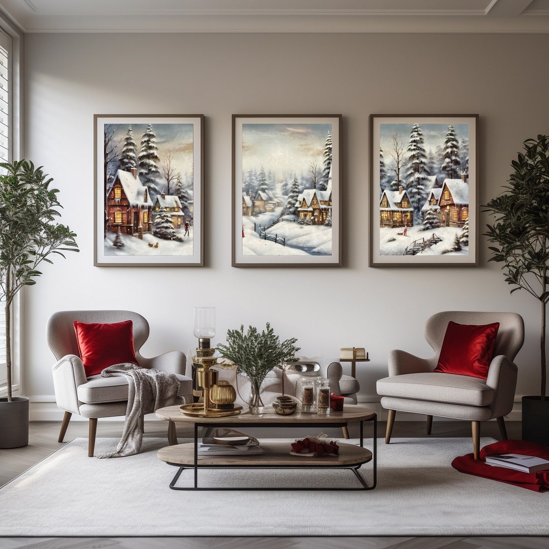 Snow Town Art 3 Piece Vintage Wall Art, Christmas Set of 3 Prints ...