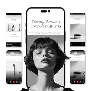May include: A monochrome image featuring a smartphone showcasing beauty business content templates. The screen displays Instagram and Pinterest Canva templates, with text reading "Beauty Business Content Templates" and "Price Transparency Builds Trust."