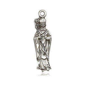 May include: Silver charm of Saint Patrick, a religious figure, holding a staff and wearing a mitre.