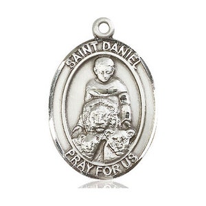 May include: Silver oval medal featuring a raised image of Saint Daniel holding three lambs. The medal is inscribed with the words "Saint Daniel" and "Pray For Us" around the edge.