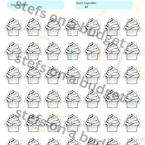 May include: A printable worksheet with a cupcake theme to help track debt reduction. The worksheet has a title "Debt Free is the Icing on the Cake" and includes spaces to fill in the start date, end date, total debt, and the value of each cupcake. The worksheet has 42 cupcakes to color in as debt is paid down.