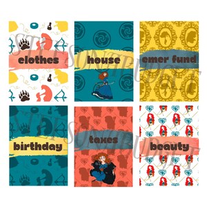 Pode incluir: Um conjunto de seis cartões retangulares com padrões e ilustrações coloridos. Cada cartão exibe um rótulo em texto castanho escuro: clothes, house, emer fund, birthday, taxes e beauty. Os designs incluem silhuetas de ursos, arcos, flechas e uma personagem feminina com longos cabelos ruivos.