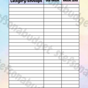 May include: A Month Ahead Tracker budget sheet with a pastel watercolor background. The table features columns for Category/Envelope, Goal Amount, and Amount Saved, with a bottom row labeled Total for tracking financial savings goals.