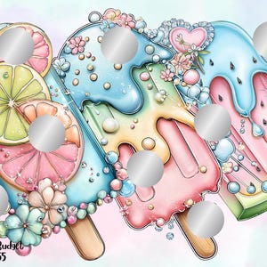 May include: Watercolor illustration of three colorful popsicles with fruit slices and decorative elements. The popsicles feature lemon, grapefruit, and watermelon slices. Each popsicle has a wooden stick and is decorated with flowers and sparkling accents.