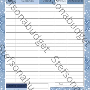 May include: A light blue emergency fund tracker with a decorative border. The tracker includes sections for date, transaction, deposit, withdrawal, and ending balance. The text "Emergency Fund Tracker" is at the top.