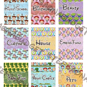 May include: A set of nine rectangular labels featuring cartoon character patterns and text labels including Kids/School, Birthdays, Beauty, Clothes, House, Emerg Fund, Fam Fun, Your Choice, and Pets, with colorful designs and various character motifs.