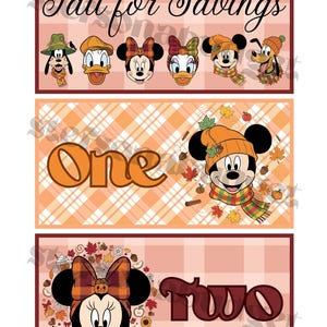 Pode incluir: Um design gráfico retangular com três painéis horizontais sobre um fundo xadrez. O painel superior exibe o texto Fall for Savings com personagens de desenhos animados. O painel central mostra a palavra One e Mickey Mouse. O painel inferior mostra a palavra Two e Minnie Mouse.