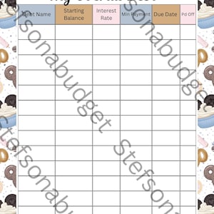 May include: A white printable debt tracker with the title "My Overall Debt" in a decorative font. The tracker has columns for debt name, starting balance, interest rate, minimum payment, due date, and paid off. The border features a pattern of cupcakes, donuts, and other pastries.