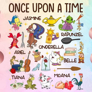 May include: A colorful illustration with the text "ONCE UPON A TIME" and various cartoon characters, including Ariel, Belle, and Moana. The image has a pink and blue background with decorative circles.