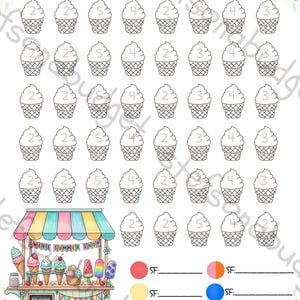 May include: A budget planner with ice cream cone graphics. The title says "Scooping Into Sinking Funds." A colourful ice cream cart is at the bottom, with space for colour-coded savings goals.