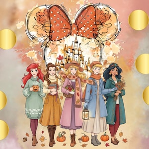 May include: Illustration featuring five Disney princesses in fall attire, with a castle backdrop and a Mickey Mouse bow. The princesses are surrounded by pumpkins and autumn leaves, with gold circles on the sides. The text "STEPSON A BUDGET = $12" is on the right.