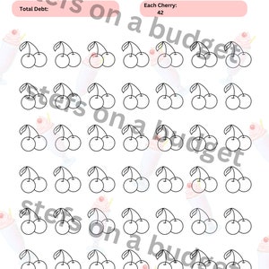 Puede incluir: Un rastreador de deudas sin deudas imprimible con un tema de cereza. El rastreador tiene el título "Debt Free is the Cherry on Top!" e incluye secciones para "Fecha de inicio", "Fecha de finalización", "Deuda total" y "Cada cereza". El rastreador tiene una cuadrícula de 42 cerezas que se pueden colorear a medida que se paga la deuda.