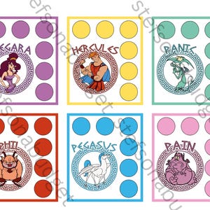 Puede incluir: Seis tarjetas coloridas con personajes de dibujos animados. Cada tarjeta tiene una ilustración de personaje diferente, un nombre y seis círculos de colores. Los personajes incluyen Megara, Hércules, Pánico, Phil, Pegaso y Dolor.