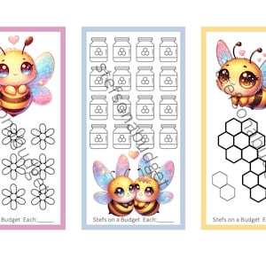 Puede incluir: Una hoja de trabajo imprimible con tres secciones que presentan una linda abeja de dibujos animados. La primera sección tiene una abeja con flores, la segunda sección tiene una abeja con tarros de miel y la tercera sección tiene una abeja con panal.