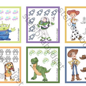 May include: Six colorful square illustrations featuring characters from the Toy Story franchise. The images include an alien, Buzz Lightyear, Jessie, a dog, a dinosaur, and Woody. Each image is surrounded by a colored border and includes the text "Stefs on a Budget".