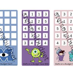 May include: Three printable game cards featuring characters from the movie Monsters Inc. Each card has a grid of numbers and the text "Stefs on a Budget Save" followed by a dollar amount. The first card has a blue grid and the text "Stefs on a Budget Each:___".