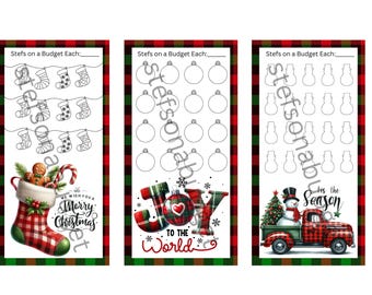 May include: Three printable Christmas-themed gift-giving trackers. Each tracker has a different image: a stocking, a JOY sign, and a snowman on a red truck. Each tracker has a title "Stefs on a Budget Each:" and a blank line for writing in a number. The stocking tracker has 12 spaces for writing in numbers. The JOY tracker has 16 spaces for writing in numbers. The snowman tracker has 12 spaces for writing in numbers.