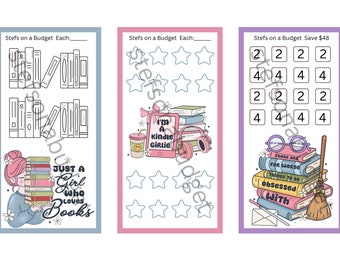 Könnte beinhalten: Drei druckbare Diagramme mit einem Buchthema. Das erste Diagramm zeigt eine Schwarzweißillustration eines Bücherstapels. Das zweite Diagramm zeigt eine rosa und weiße Illustration eines Bücherstapels mit einem Kindle und Kopfhörern. Das dritte Diagramm zeigt eine violette Illustration eines Bücherstapels mit einem Besen und einer Brille. Der Text auf den Diagrammen lautet "Stefs on a Budget Each:" und "Stefs on a Budget Save 48 €".