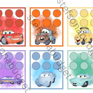 May include: Six colourful cards featuring cartoon cars, each with a unique design and colour scheme. The cards have a watercolour background and a grid of circles. The cars include a red race car, a rusty tow truck, and a yellow vintage car.