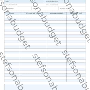 Puede incluir: Una hoja de trabajo de seguimiento de deudas imprimible con el título "DEBT TRACKER". La hoja de trabajo tiene columnas para la fecha, el saldo inicial, el pago/interés y el saldo final.