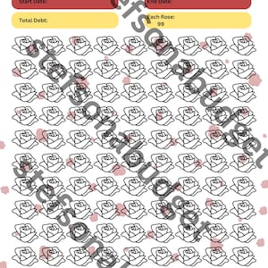 May include: A printable debt tracker with a Beauty and the Beast theme. The tracker features a grid of 99 roses to color in as you pay down your debt. The text "Debt as Gone as Time!" is at the top of the page. There are spaces to write in the start date, end date, and total debt.