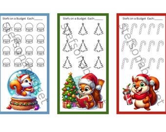 May include: Three printable Christmas-themed counting worksheets featuring a squirrel in a snow globe, a squirrel holding a book next to a Christmas tree, and a squirrel holding a candy cane. Each worksheet has a title "Stefs on a Budget Each:" and a blank line for writing a number.