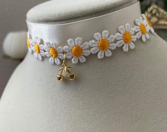 Daisy Cherry Lace Choker Necklace - White Floral Lace with Gold Cherry Charm -Summer Jewelry