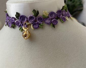 Lavender Orchard Lace Choker Apple Charm Necklace - Purple Lace Embroidery - Summer Fruit Jewelry