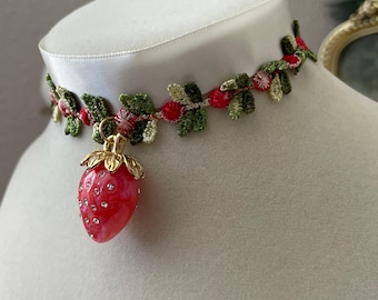 Strawberry Rose Garden Necklace - Floral Lace Necklace with Rhinestone Strawberry Charm - Romantic Summer Jewelry