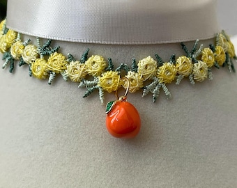 Citrus Bloom Lace Necklace - Yellow Floral Necklace with Orange Charm - Summer Fruit Jewelry