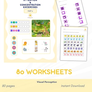 Puede incluir: Hojas de trabajo educativas para niños, con ejercicios de percepción visual y actividades de concentración. Las páginas incluyen la correspondencia de formas, la identificación de patrones y otras tareas. El texto en las hojas de trabajo dice "Attention & Concentration Exercises Part 2" y "80 Worksheets".