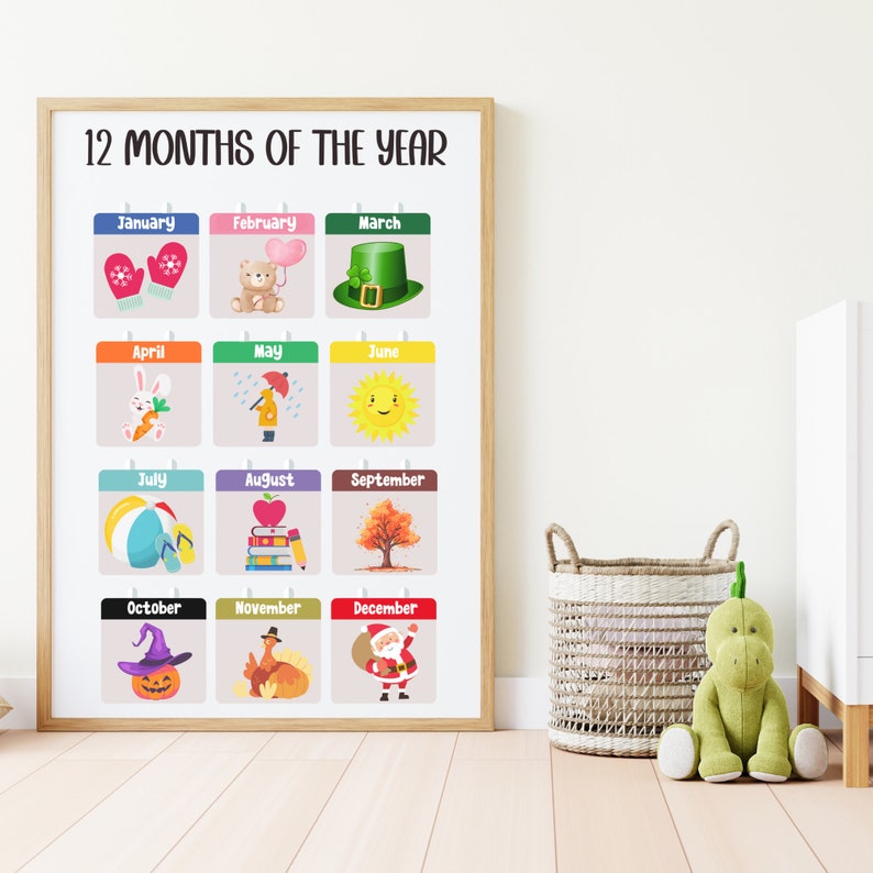 12 Months Year Printable Educational Poster Kindergarten Classroom Wall ...