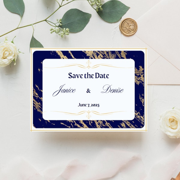 Blue and Gold Marble Save the Date Canva Template