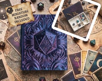 Boîte à dés magnétique D20 en forme de livre de magie, support pour dés D20, accessoires de jeu de rôle 3D, figurine gratuite incluse | Fates End